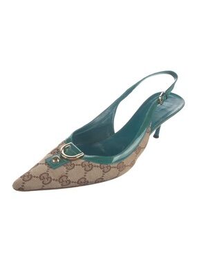 Gucci Brown GG Canvas Pointed Toe Slingback Heels with Green Trim